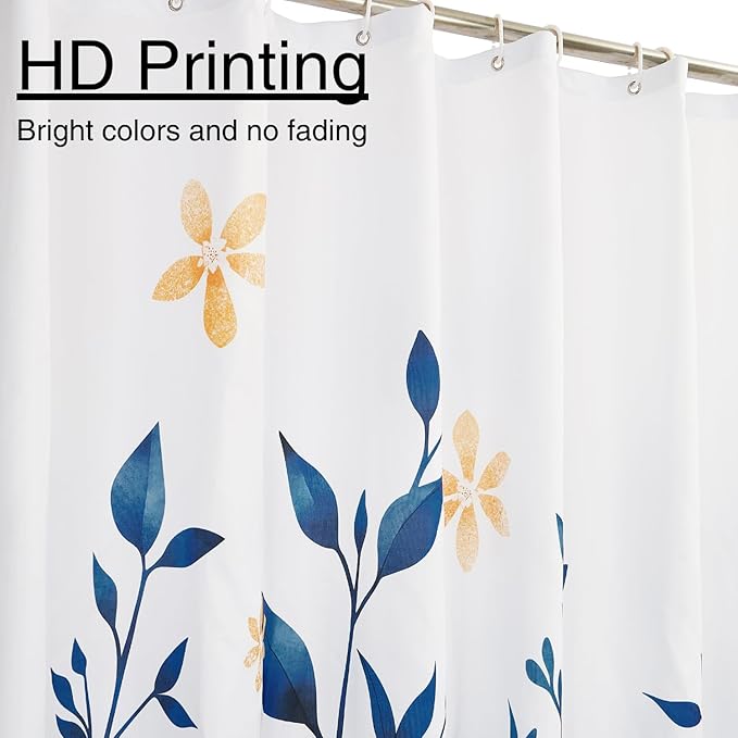 Eucalyptus Shower Curtain, Ombre Floral Leaves Plant Washable Fabric Bath Decor with 12 Hooks 72x72 inches, Navy Blue
