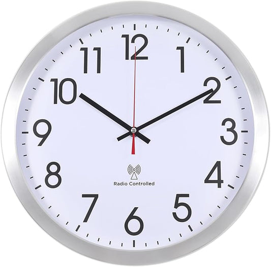 Atomic Analog Wall Clock, 14Inch Radio Controlled Sets Automatically WallClock, Aluminum Frame Wall Clock for Home School Office