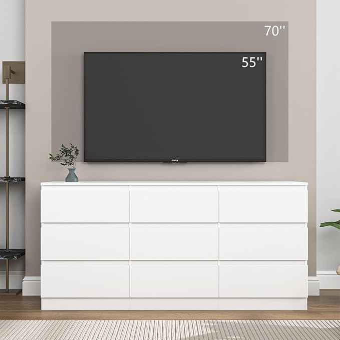 White Dresser for Bedroom, Long 9 Drawer Dresser with Deep Drawer,Modern Wide Wood Storage Chest of Drawer, Bedroom Storage Furniture,TV Stand for Living Room