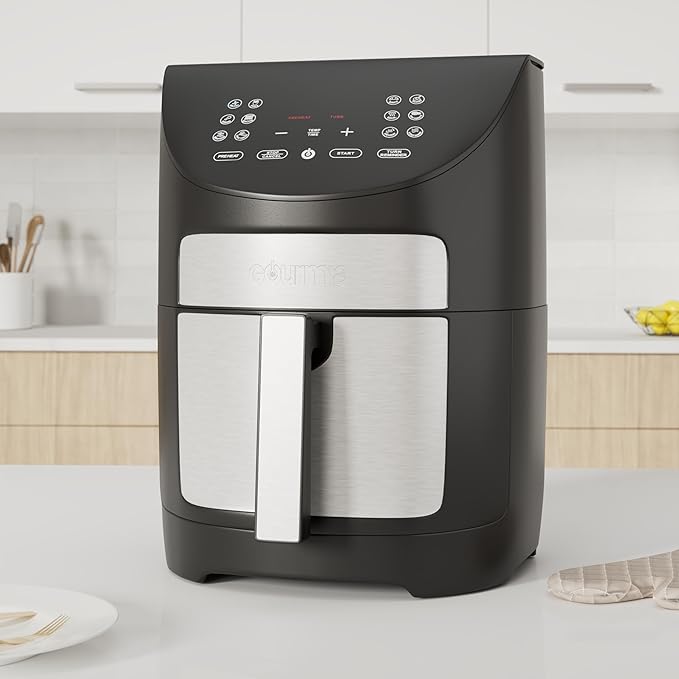 Gourmia Digital Air Fryer – 7 QT, FryForce 360° Technology, 10 Presets, Guided Cooking Prompts, Auto Shut-Off, Dishwasher Safe Basket, 1500W, black/Stainless Steel