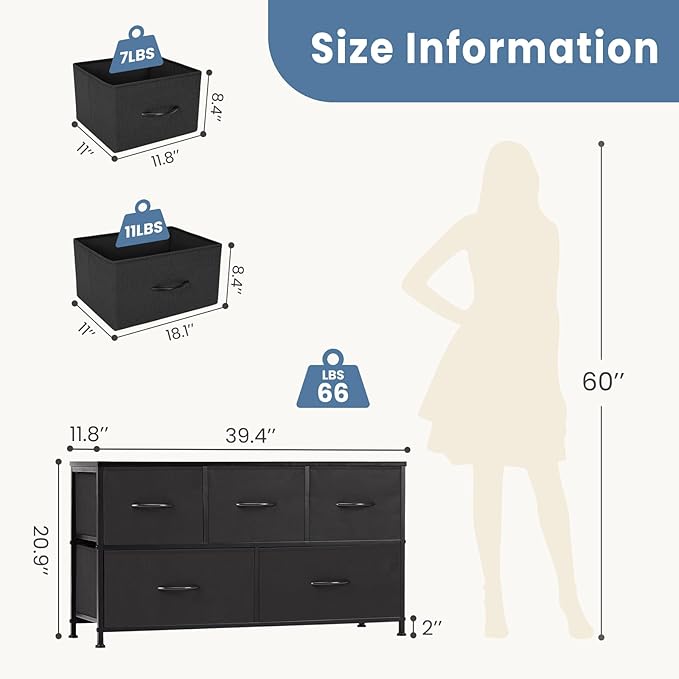 DUMOS Dresser for Bedroom, 5 Storage Drawers, Wide Fabric Closet Chests Organizer Tower Furniture with Wooden Top Metal Frame for Clothes, Guest Room, Living Room, Hallway, Entryway