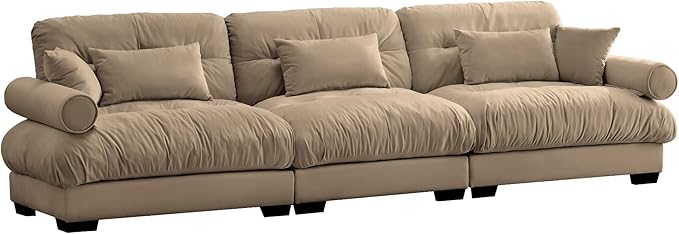 Ball & Cast 130" Extra Large Sectional Sofa,3-Seater Oversized Modular Cloud Couch with Waist & Throw Pillows,Deep Seat Velvet Fluffy Sofas for Living Room,Home Theater,Apartment,Velvet,Camel