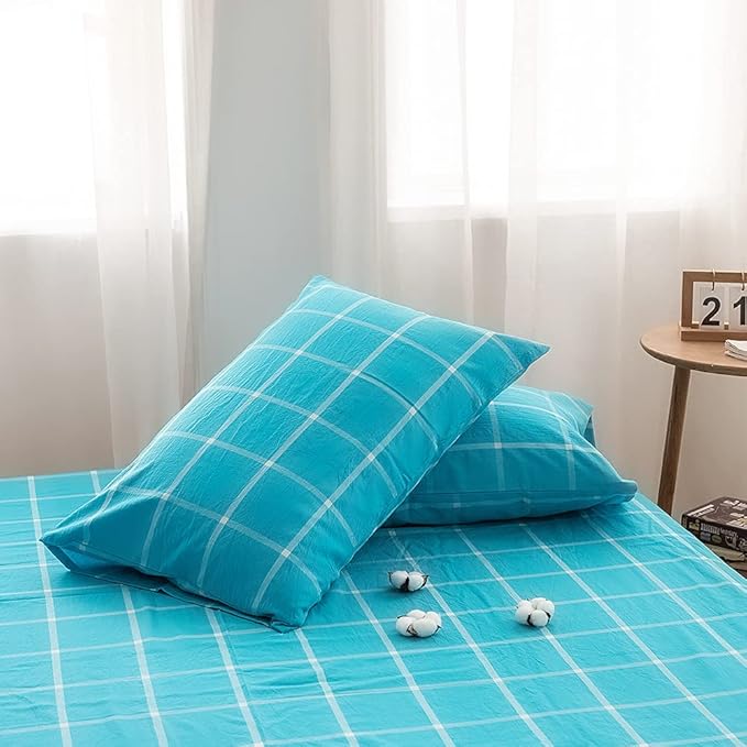 FACE TWO FACE Bedding Duvet Cover Set100% Washed Cotton Duvet Cover Linen Like Textured Breathable Durable Soft Comfy (King, Turquoise Grid)
