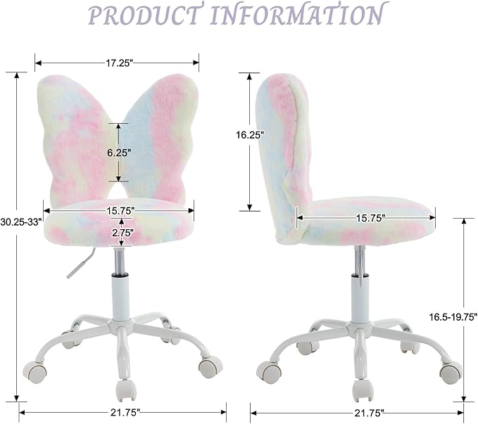 Cute Fuzzy Kids Chair for Teenage Girls Rolling Study Desk Student Chair Furry Computer Task Chair, Adjustable Butterfly Shaped Reading Vanity Chair for Bedroom, Colorful
