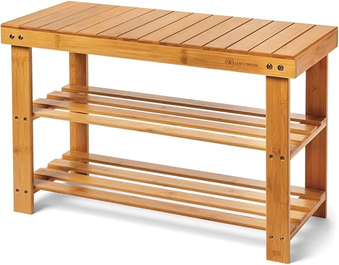 Leaf & Grain Bamboo Shoe Rack - Shoe Storage Bench for Front Door Entrance - Entryway Bench with Shoe Shelf, Shoe Storage Organizer, Wooden Shoe Rack, Durable Shoe Bench for Home (Brown)