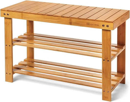 Leaf & Grain Bamboo Shoe Rack - Shoe Storage Bench for Front Door Entrance - Entryway Bench with Shoe Shelf, Shoe Storage Organizer, Wooden Shoe Rack, Durable Shoe Bench for Home (Brown)