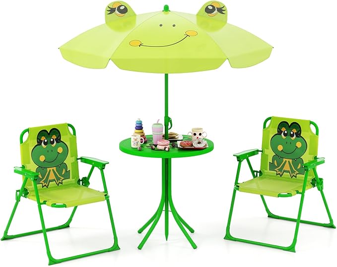 Costzon Kids Picnic Table, Kids Outdoor Table with 2 Folding Chairs, Height Adjustable Umbrella, Portable Children Outdoor Furniture for Patio, Garden, Backyard (Light Green)