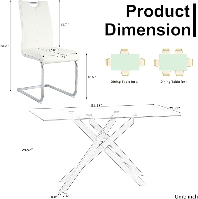 Goujxcy Modern Glass Dining Table Set for 4, Glass Silver Kitchen Table and Chairs Set, 5 Piece Dining Room Table Set with 51" Rectangle Dinner Table and 4 White Leather Dining Chairs