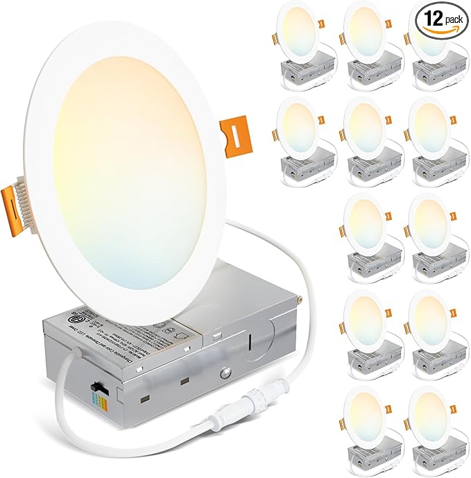 LVWIT 12 Pack LED Recessed Lighting 6 Inch with Junction Box, 5CCT Dimmable Downlight,13W Ultra-Thin Modern Ceiling Light, 2700/3000/3500/4000/5000K Selectable LED Can Lights, Smooth Trim