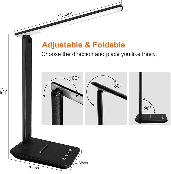 karidi LED Desk Lamp Dimmable Table Lamp with USB Charging Port, 5 Lighting Modes, Sensitive Control, Foldable Portable Desk Light for Home Office Bedroom Reading
