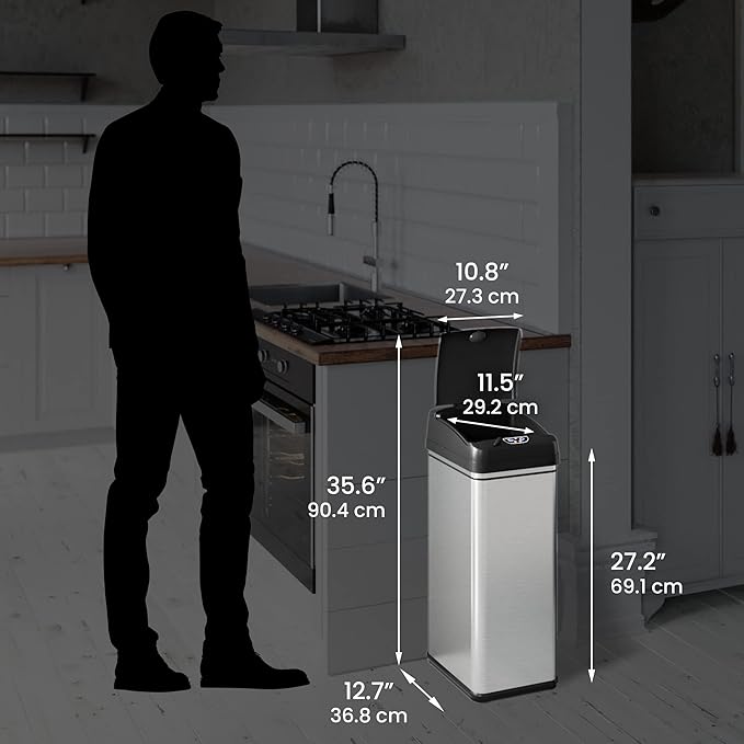 iTouchless 13 Gallon Kitchen Trash Can with Lid & Odor Filter – Motion Sensor Stainless Steel Garbage Bin for Home, Office, or Garage – Slim, Large Capacity Design