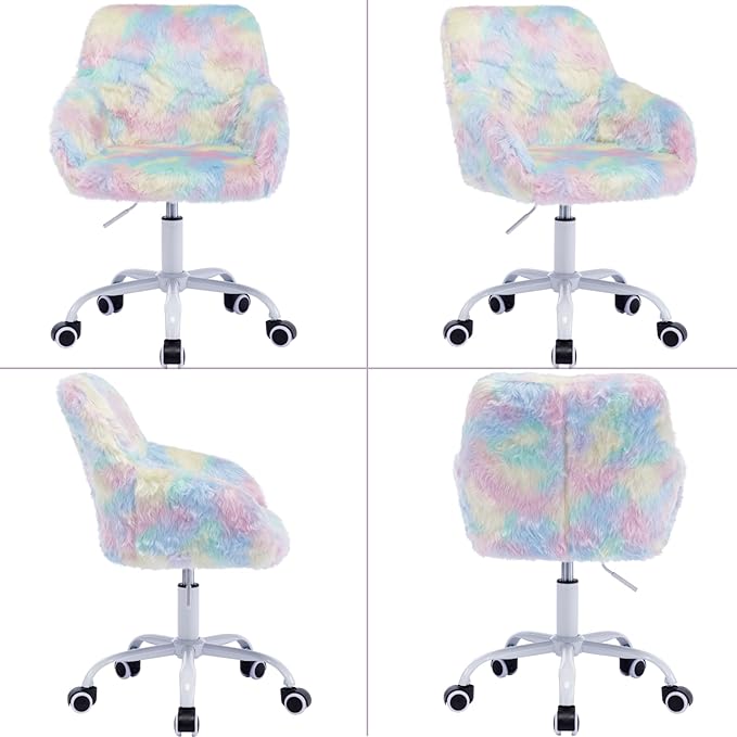 Kids Desk Chair Faux Fur Upholstered Swivel Reading Chair, Cute Adjustable Study Chair with White Wheels for Reading Room Bedroom, Rainbow Color