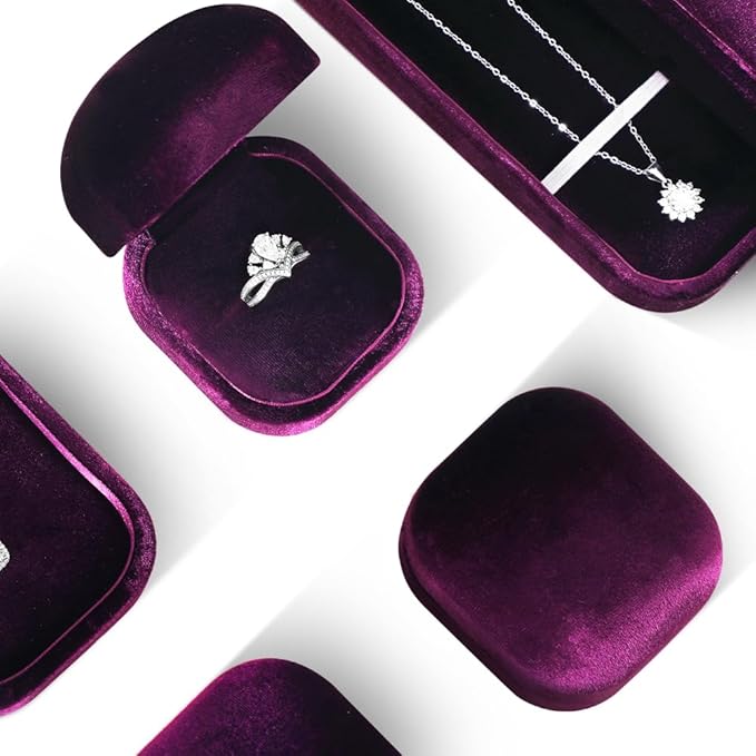 Resilient Velvet Ring Earrings Bracelet Necklace Display Box, Travel Mini Jewelry Organizer Case (Purple, Long Chain Box)