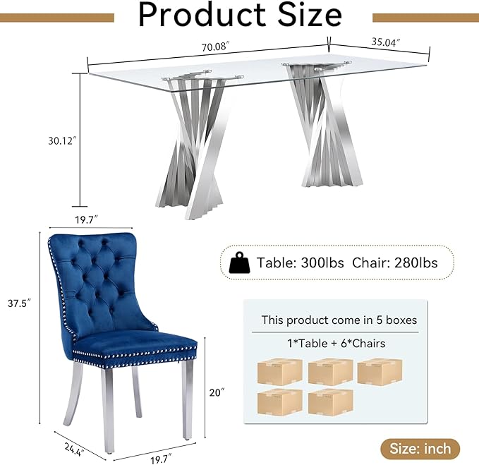 Goujxcy 70" Glass Dining Table Set for 6, Modern Silver Dining Table Set with 6 Blue Velvet Upholstered Dining Chairs, 7 Piece Kitchen Dining Room Table Set with Stainless Steel Legs
