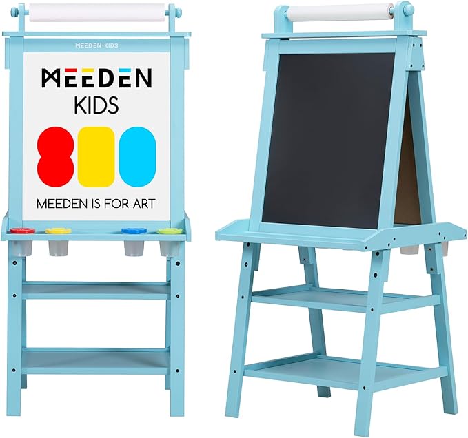 MEEDEN Art Kids Wooden Easel: Double-Sided Solid Pine Wood Art Easel with Paper Roll - Kids Art Easel with Chalkboard & Magnetic Whiteboard for Boy & Girls Gift - Blue
