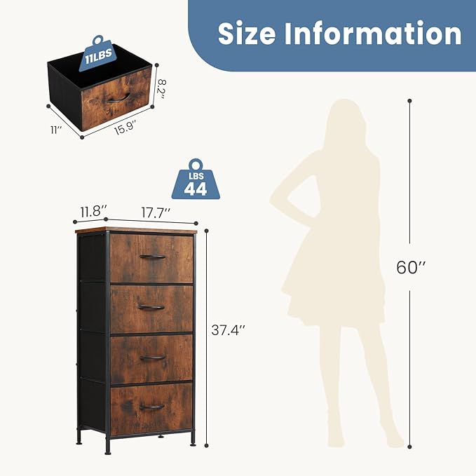 DUMOS Dresser for Bedroom 4 Drawers, Tall Fabric Closet Chests Organizer Tower Furniture with Wooden Top Metal Frame for Nursery, Living Room, Closet, Brown