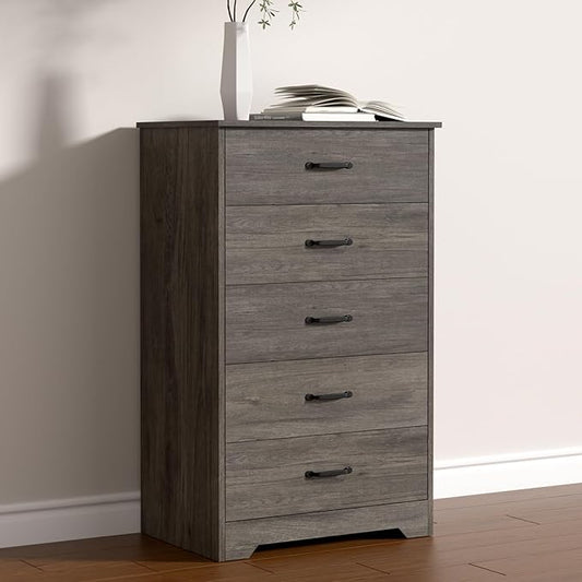 Farmhouse 5 Drawer Dresser, Small Wooden Chest of Drawers Classic White Dresser for Bedroom Living Room Entryway (Dark Gray, 5 Drawer)