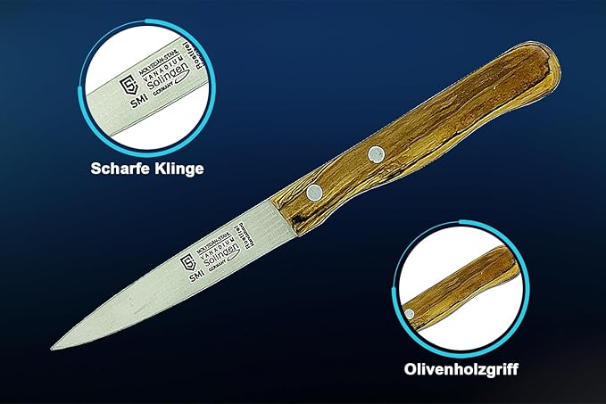 SMI - Paring Knife Fruit Knife Vegetable Knife Olive Wooden Handle Stainless Steel Solingen Knife Made in Germany - Not Dishwasher Safe