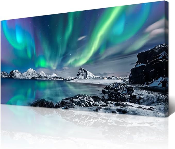 Wapluam Farmhouse Canvas Wall Art For Living Room, Bedroom & Office Decor - Blue Aurora Scenery Painting, Stretched & Framed, Ready To Hang