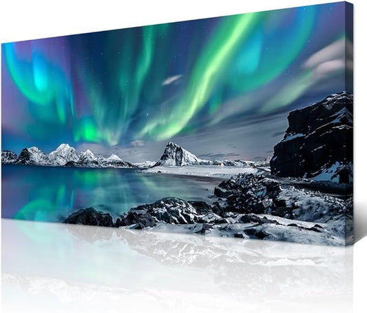 Wapluam Farmhouse Canvas Wall Art For Living Room, Bedroom & Office Decor - Blue Aurora Scenery Painting, Stretched & Framed, Ready To Hang