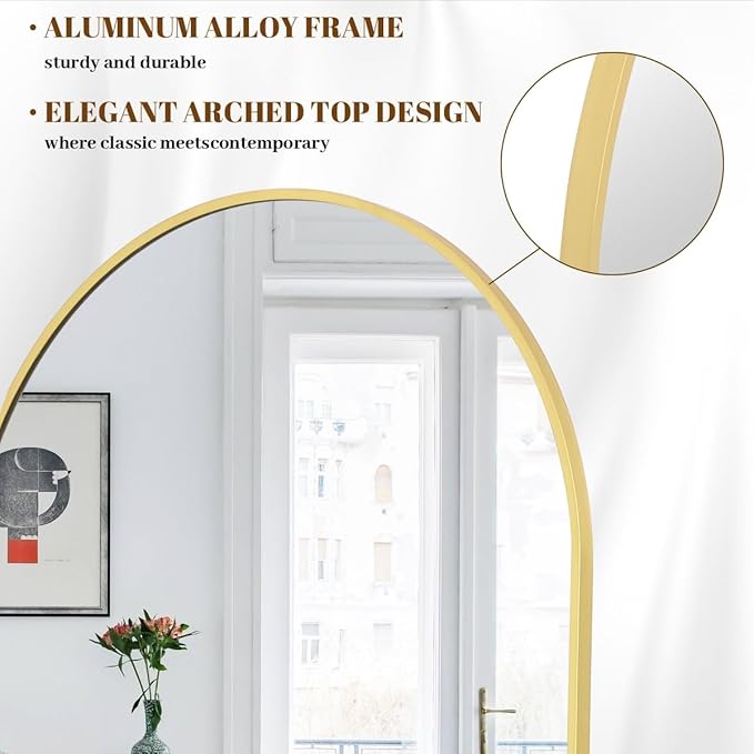 Koonmi 35"x78" Arched Full Length Mirror, Gold Large Floor Mirror with Aluminum Alloy Frame Standing Hanging or Leaning Wall-Mounted Mirror for Living Room and Bedroom