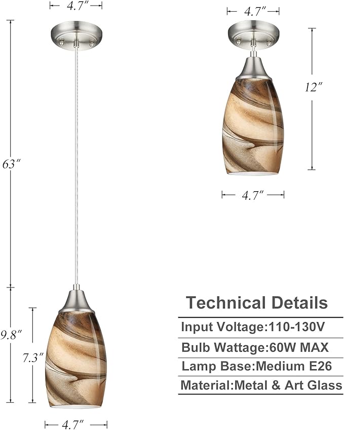 Mini Pendant Lights Kitchen Island Light Brown Glass Lamp Shade Hand Blown Glass Pendant Light with Brush Nickel Finish Adjustable Cord for Kitchen Over Sink, Dining Room (Light Brown-1P)