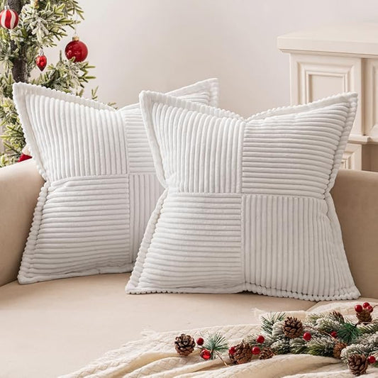 MIULEE Decorative Throw Pillow Covers for Couch Bed Livingroom 16x16 Inch Set of 2 White Boho Accent Throw Pllows Broadside Striped Patchwork Soft Corduroy Pillowcases