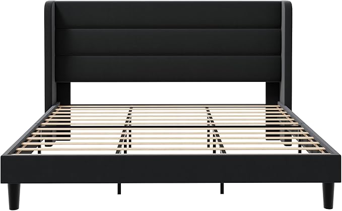 SHA CERLIN King Size Velvet Bed Frame/Vertical Channel Tufted Wingback Headboard/Upholstered Platform Bed with Wooden Slats/Mattress Foundation/No Box Spring Needed/Easy Assembly/Black