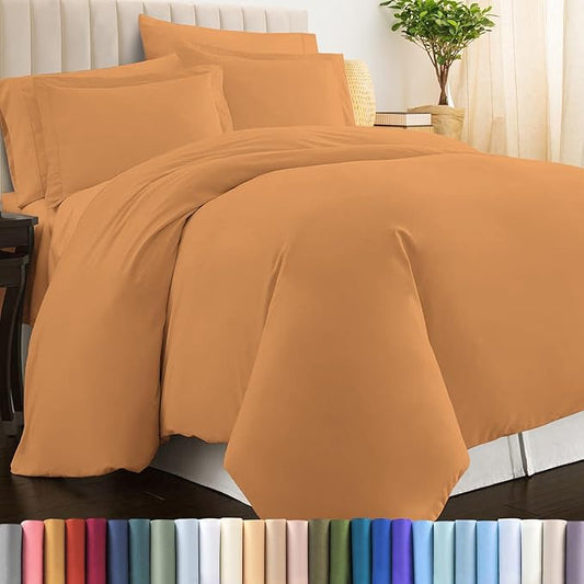 Pizuna Pure 100% Cotton King Duvet Cover Set, Luxurious 400 Thread Count Long Staple Cotton Sateen Weave with Button Closure (Combed Apricot Orange Cotton Duvet Cover King)