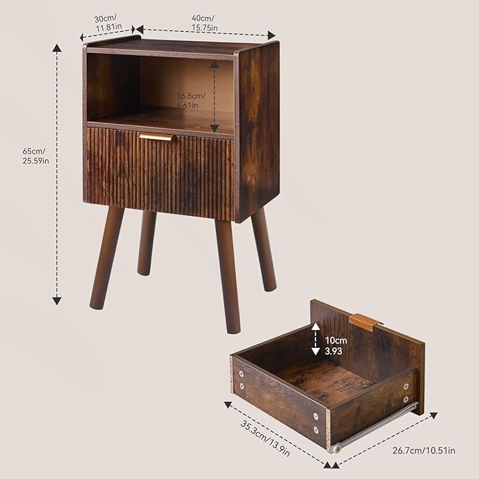 Night Stand with Drawer, Modern Nightstand, Bedside Tables, Mid Century Nightstands with Open Storage Shelf,Small Night Stands, 2-Tier Night Table,Rustic Brown YD-TM061H