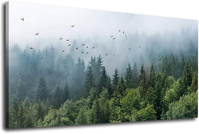 Green Forest Wall Art Tropical Forest Mountain Bird Contemporary Canvas Pictures Modern Artwork Framed for Bathroom Bedroom Nursery Living Room Home Office Kitchen Wall Decor 20" x 40"
