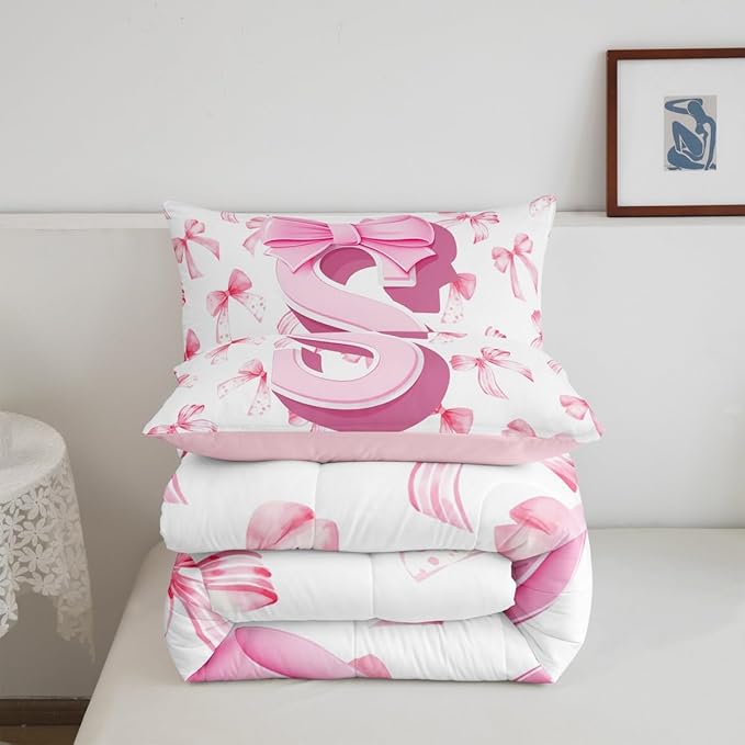 jejeloiu Kids Girls Cute Pink Bow Comforter Set King Size Monogrammed Bedding Set Ultra Soft Personalized Initial S Duvet Quilt Coquette Bow Knot Quilt Set Room Decor Modern Fashion Comforter