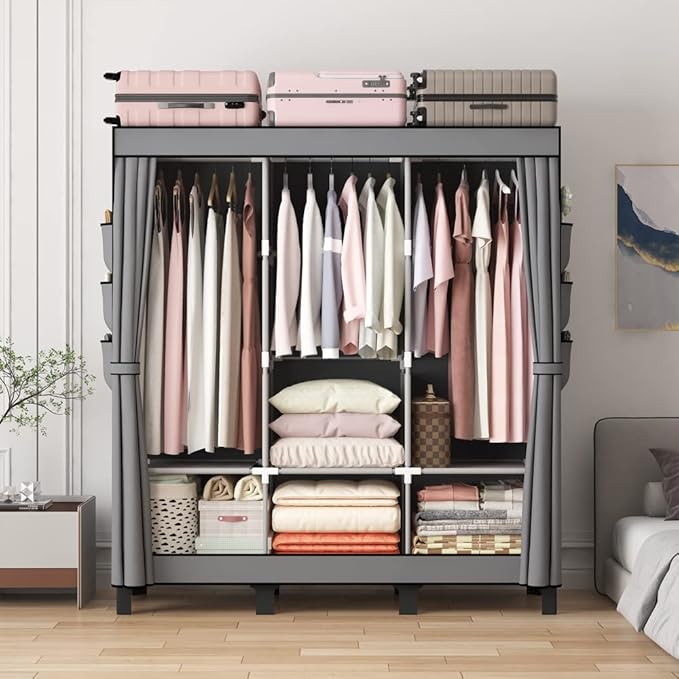 Portable Closet, Clothes Storage Box, Simple Wardrobe for Hanging Clothes, Multiple Shelves and 3 booms,6 Side Pockets (Grey) (Grey, Large)