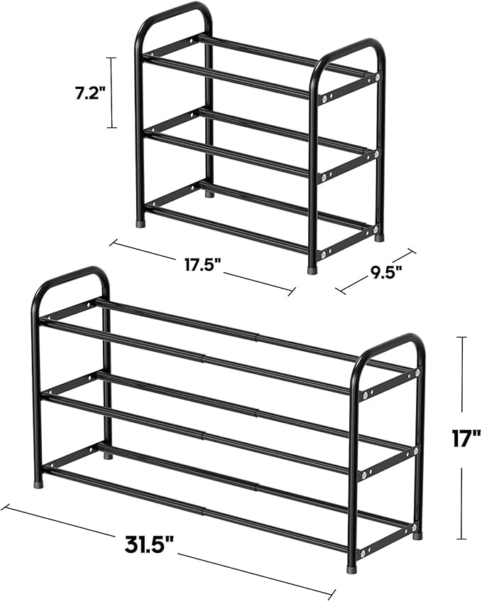 SUFAUY Expandable Shoe Rack Organizer, 3-Tier Metal Adjustable Shoe Shelf for Closet Entryway, Black