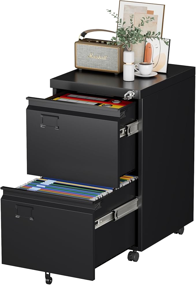 2 Drawer Mobile File Cabinet, Metal Under Desk Cabinet with Lock Name Card Holder for Office Home, Legal/Letter Size, W14.57”x D17.36”x H25.79”, Assembly Required