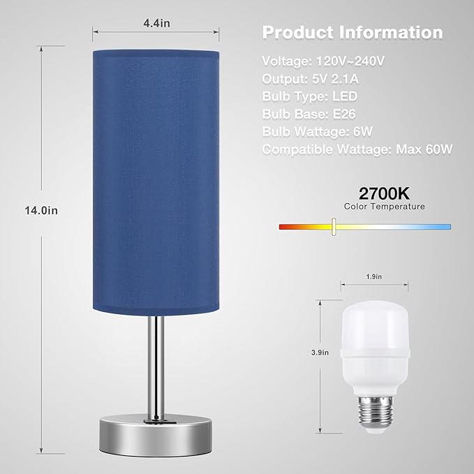 Navy Blue Touch Lamp for Boys - Small Nightstand Lamp with USB-C and USB Charging Ports, 3 Way Dimmable Bedside Table Lamp with Fabric Shade Silver Base for Nursery, Dorm, Office, Reading