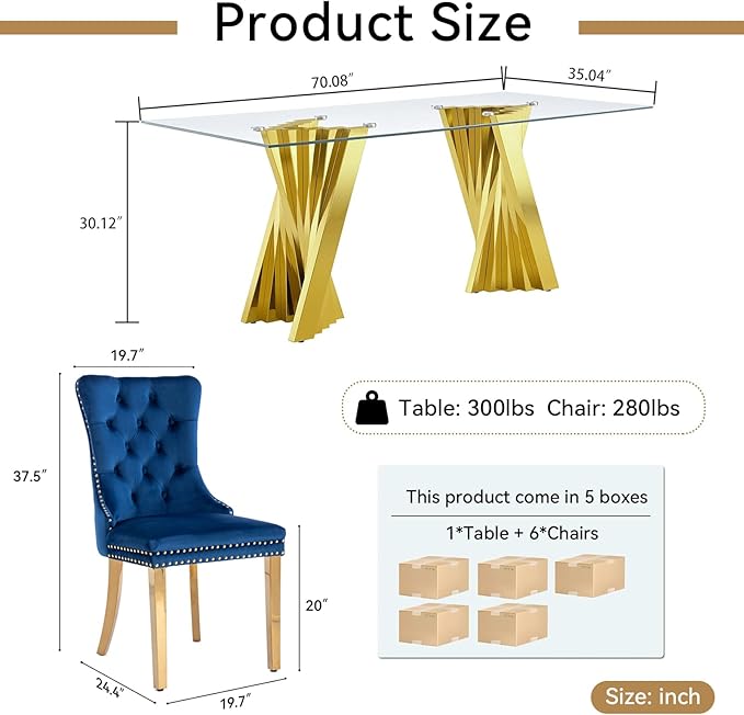 Goujxcy Modern 7 Piece Glass Dining Table Set Luxury Glass Kitchen Table and Chair Set for 6, 70" Large Rectangular Dining Room Table with 6 Tufted Chairs and Stainless Steel Legs (Gold & Blue)