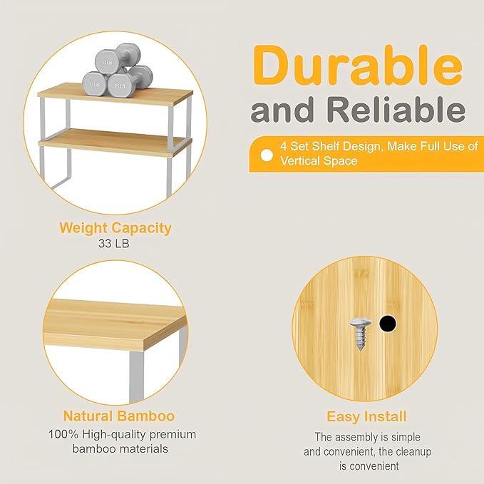 2 Pack Cabinet Organizer Shelves, Stackable and Expandable Kitchen Counter Shelf, for Kitchen Cabinet Countertop Storage, Spice Rack, Metal and Premium Bamboo (White, 11.7" W)