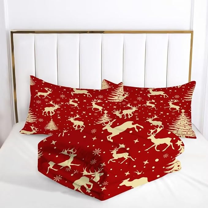 Red Christmas Elk Comforter Set Twin Cute Reindeer Snowflake Quilt 2 Piece Soft Christmas Bedding for All Seasons Kids Bed Set with 1 Comforter + 1 Pillowcase