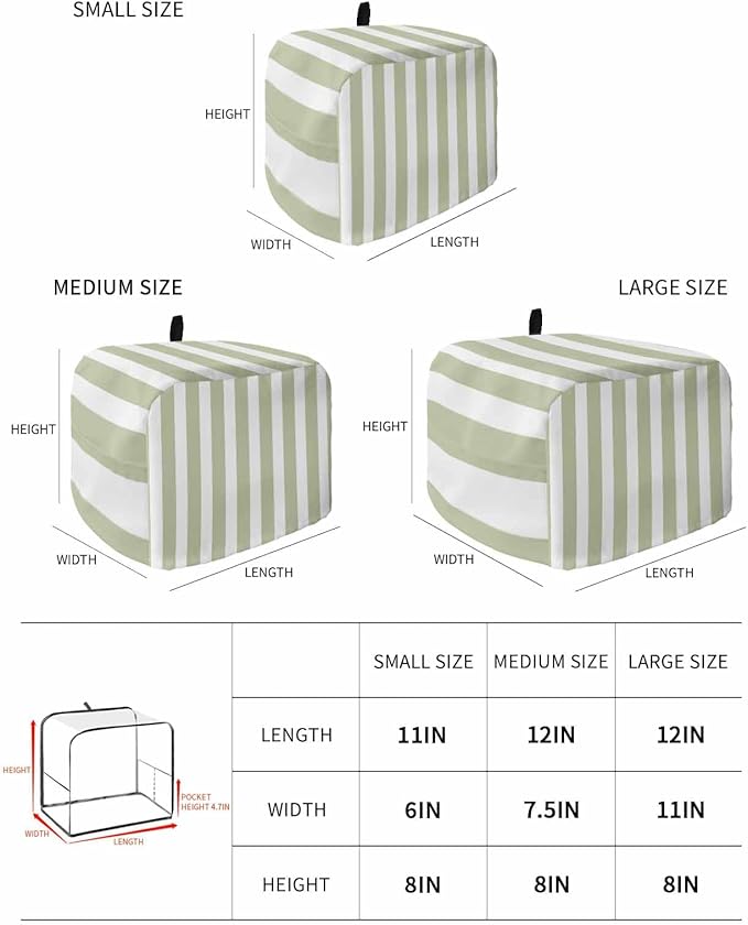 Toaster Cover 2 Slice Sage Green Stripes Toaster Oven Cover with Pockets Simple Style Dustproof Bakeware Protector Small Kitchen Appliance Dust Covers and Fingerprint Protection for Women