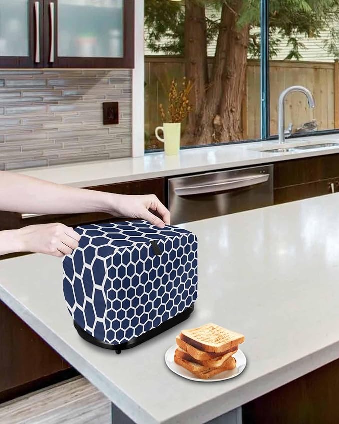 Toaster Cover 2 Slice Blue Moroccan Hexagon Toaster Oven Cover with Pockets Geometric Art Dustproof Bakeware Protector Small Kitchen Appliance Dust Covers and Fingerprint Protection for Women