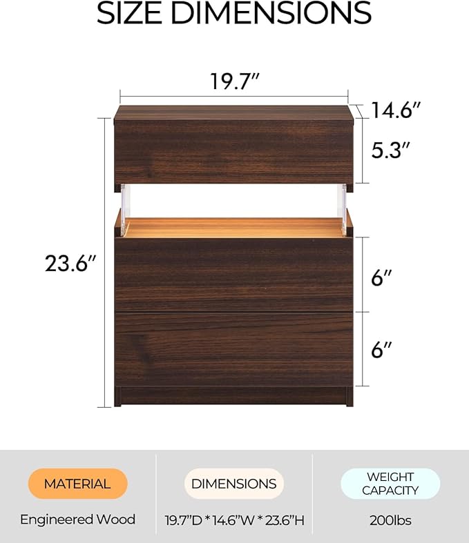Bingoday Night Stand Set 2 Nightstands Set of 2 LED Bedside Tables with 3 Wood Drawers LED Modern Night Stand with Acrylic Board for Bedroom Living Room