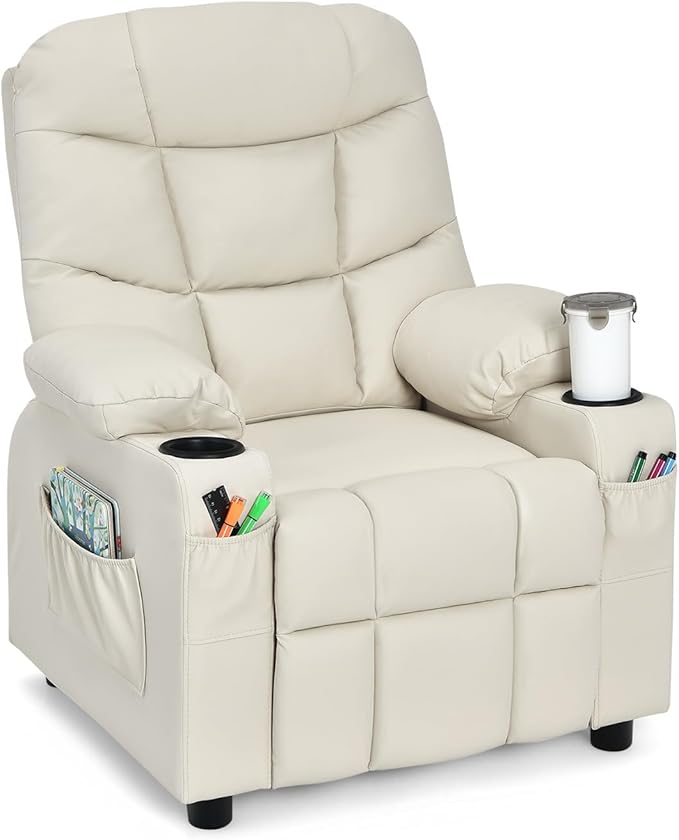 GLACER Kids Recliner Chair w/Cup Holder & Side Pockets, Children Recliner w/Comfortable Backrest, Armrests & Footrest, Toddler PU Leather Recliner for Boys Girls, 3+ Age Group (Beige)