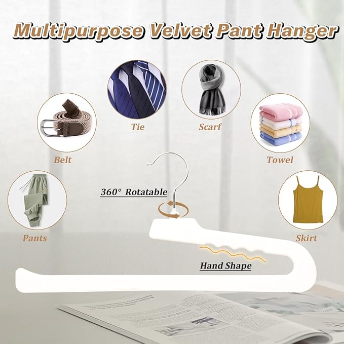 Velvet Pants Hangers,16 Pack Non Slip Felt Slack/Trouser Hanger,Slim & Sleek Heavy Duty Space Saving Closet with 360° Swivel Hook,Tank Top Hangers for Shorts,Jeans,Suit Pants,Towel(White)