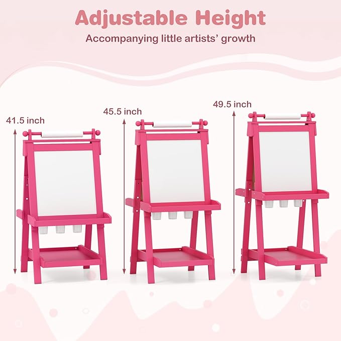 OLAKIDS Easel for Kids, 3 in 1 Adjustable Painting Art Board, Foldable Double-Sided Wooden Drawing Chalkboard Magnetic Whiteboard with Paper Roll, Storage Rack, Cups for Boy Girls (Pink)