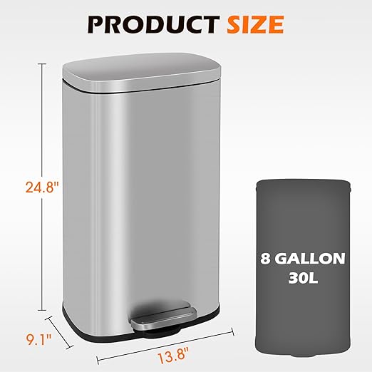 BestOffice 8 Gallon (30L) Trash Can with Lid Garbage Can Commercial Trash Can with Soft-Close Foot Pedal Fingerprint Proof Stainless Steel Can for Kitchen Home Office Bedroom Bathroom