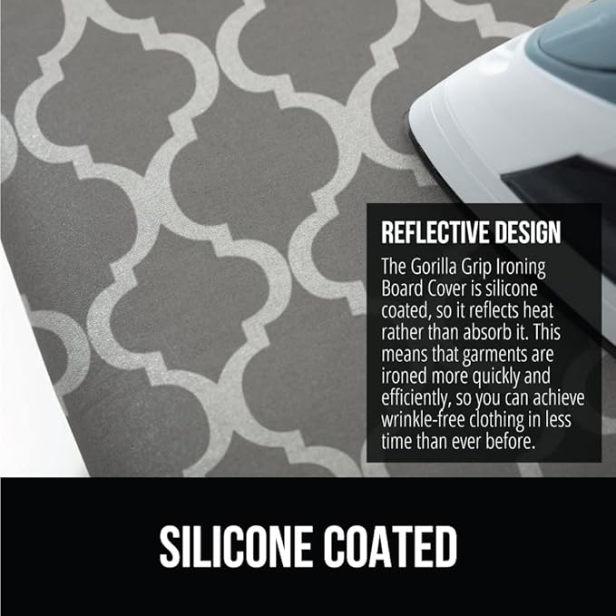 The Original GORILLA GRIP Ironing Board Cover and Pad, Silicone Coating, Thick Scorch Resistant Padding, Heavy Duty Iron Covers Standard Boards, Hook and Loop Fastener Strap, Quatrefoil, 15x54