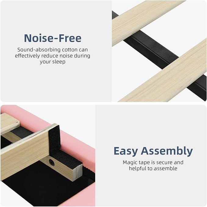 Twin Upholstered Bed Frame with LED Lights, Faux Leather Platform Bed with Headboard and Wooden Slats Support, No Box Spring Needed, Noise-Free, Easy Assembly, Pink