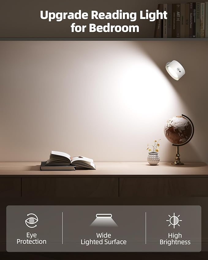 LED Wall Mounted Lights, Rechargeable Wall Sconces Lamp, 3 Color Temps & Remote and Touch, 360°Rotation Dimmable Cordless Wall Light for Study Bedroom Reading Bedside(White, 1 Pack)