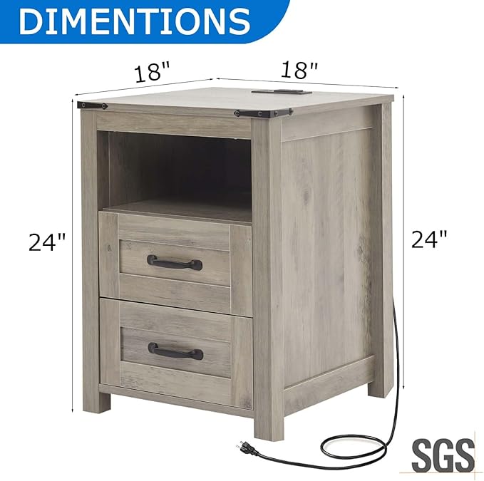 Farmhouse Nightstand with Charging Station & Drawers, Grey Wood Bedside Table, End Table with 2 Storage Drawers & USB Ports for Bedroom, Dorm，Grey